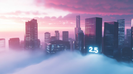 A breathtaking view of a futuristic city skyline at sunset, where skyscrapers rise from a blanket of fog, illuminated by neon lights displaying numbers.の素材