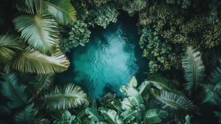 A breathtaking overhead view of a tropical jungle showcasing vibrant green foliage surrounding a tranquil body of clear water. Ideal for nature themes.の素材