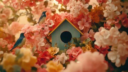 A charming birdhouse nestled among vibrant flowers creates a serene garden scene. Blue birds perch nearby, bringing nature's beauty to life.の素材