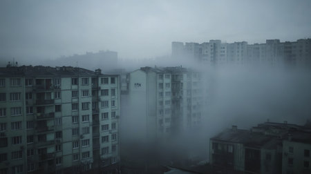 A captivating view of urban buildings enveloped in thick fog, creating an atmosphere of mystery and isolation in a subdued setting.の素材