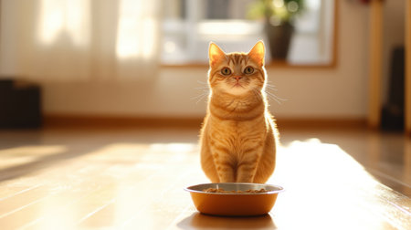 A charming ginger cat patiently waits beside its food bowl in a sun-drenched room, exuding tranquility and cuteness in a cozy setting.の素材