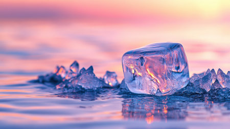 A stunning image of a crystal-clear ice cube resting on a smooth water surface. This tranquil scene features soft pastel tones from a sunset, evoking serenity and beauty in nature.の素材