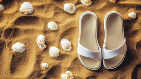 Captivating image of white sandals placed on golden sand, surrounded by seashells, evoking a warm summer atmosphere perfect for beach lovers.の素材