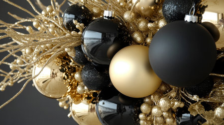 This stunning image features a close-up of black and gold Christmas ornaments, enhanced by golden sprigs. Perfect for holiday decor inspiration and festive celebrations.の素材