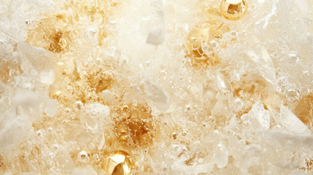 A captivating close-up image showcasing a textured background of ice and shimmering gold bubbles, perfect for various creative projects and designs.の素材