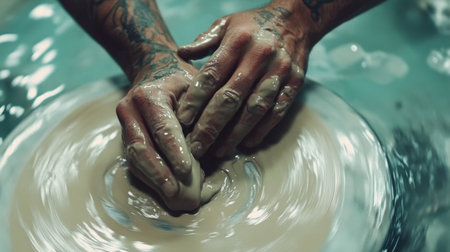 A close-up view of hands skillfully shaping wet clay on a pottery wheel, demonstrating the artistry and creativity involved in pottery-making.の素材