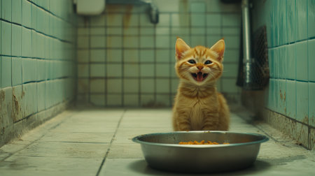 A charming ginger kitten meowing eagerly next to its empty food bowl in a rustic tiled room, showcasing its playful personality and adorable features.の素材