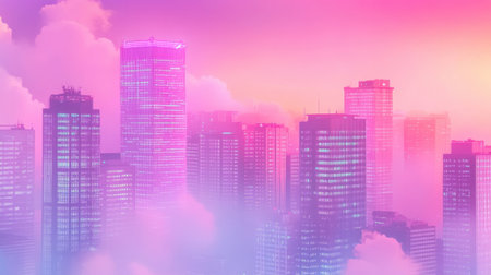 A stunning view of an urban skyline showcasing colorful clouds and buildings at sunrise. Soft pastel hues create a serene atmosphere, perfect for artistic projects.の素材