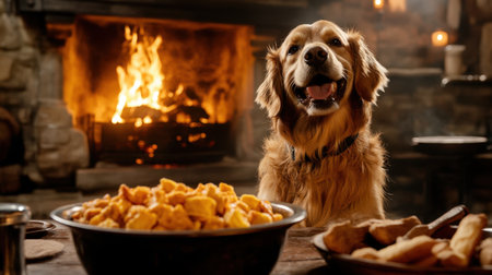 A joyful golden retriever sits proudly near a bowl of snacks in a warm, inviting room. The crackling fireplace adds to the cozy atmosphere, creating a perfect moment of companionship and relaxation.の素材