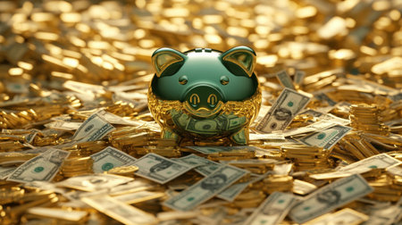 A vibrant green piggy bank sits proudly among a sea of cash and coins, representing the concepts of savings and financial growth in a luxurious setting.の素材