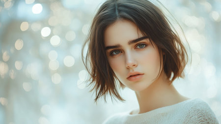 This captivating portrait features a young woman with short hair, exuding beauty and serenity against a soft, blurred background. Natural light enhances her features, creating a dreamy atmosphere.の素材