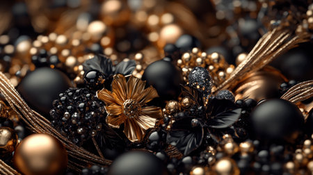 This stunning close-up features an elegant arrangement of black and gold decorative elements, perfect for any festive season or celebration.の素材
