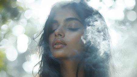 A mesmerizing portrait of a young woman with flowing hair, gently surrounded by soft smoke and enchanting natural light, capturing a moment of serenity and beauty.の素材