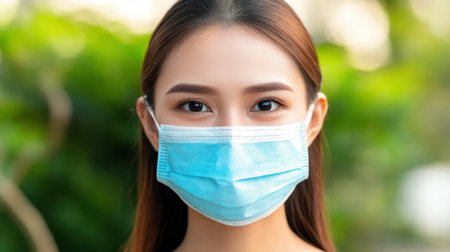 A young woman with a blue protective mask smiles against a vibrant green background, showcasing positivity and health consciousness in outdoor settings.の素材