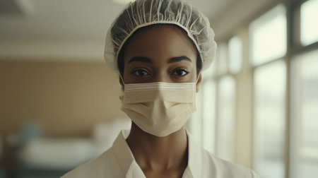 A confident healthcare worker stands in a modern hospital setting, wearing a mask and hairnet, symbolizing safety and professionalism in medical care.の素材