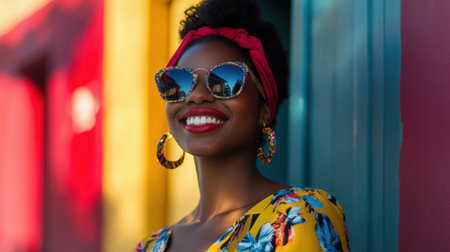 A stunning portrait featuring a joyful young woman wearing sunglasses and a colorful outfit, exuding confidence and style against a vibrant urban backdrop.の素材