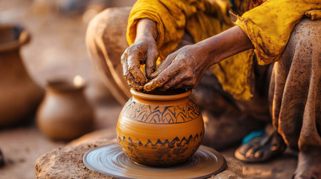 An artisan skillfully shapes a clay pot on a pottery wheel outdoors, highlighting the beauty and tradition of handmade pottery. The image captures the intricate details and creativity involved in this time-honored craft.の素材