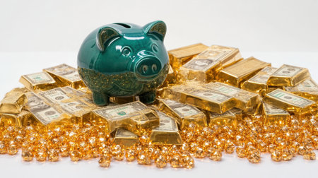 A vibrant piggy bank sits among gleaming gold bars and sparkling gems, symbolizing wealth, savings, and financial prosperity in an elegant display.の素材