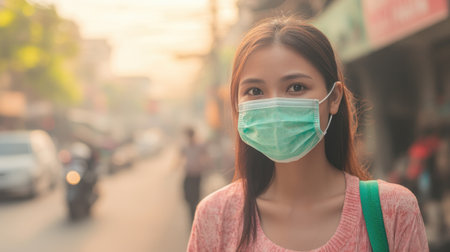 This image features a young woman wearing a protective face mask, standing outdoors in an urban setting. The soft sunlight highlights her features, emphasizing the importance of health and safety in daily life.の素材