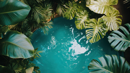 A serene view of a blue water pool embraced by vibrant green tropical leaves, creating a calm and inviting oasis for relaxation and rejuvenation.の素材
