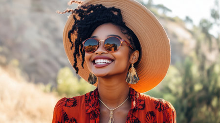 A joyful woman with a radiant smile enjoys a sunny day outdoors, wearing fashionable sunglasses and a wide-brimmed hat, exuding happiness.の素材