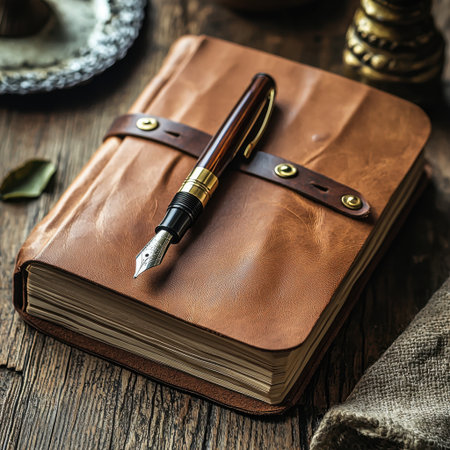 An exquisite brown leather notebook rests on a rustic wooden table, paired with a classic fountain pen, ideal for creative writing, notes, or journaling.の素材