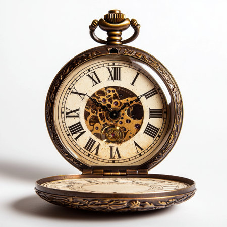 This antique pocket watch features intricate gears and a classic Roman numeral clock face, showcasing exquisite craftsmanship and vintage charm.の素材