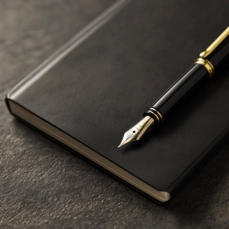 A sophisticated fountain pen lies atop a luxurious black notebook, illuminated by soft lighting that enhances the aesthetic appeal, perfect for inspiration.の素材