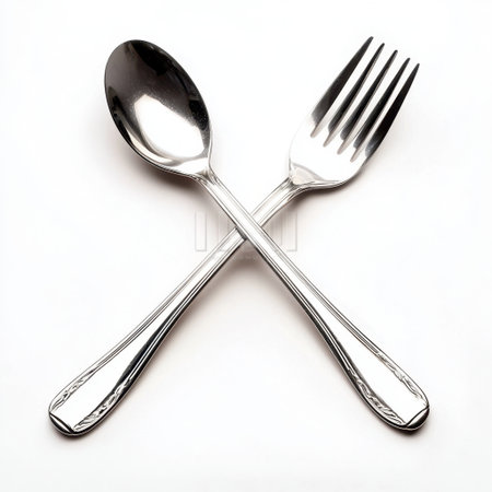 A shiny silver spoon and fork crossed elegantly on a white background, symbolizing modern dining and culinary art, perfect for food-related themes.の素材