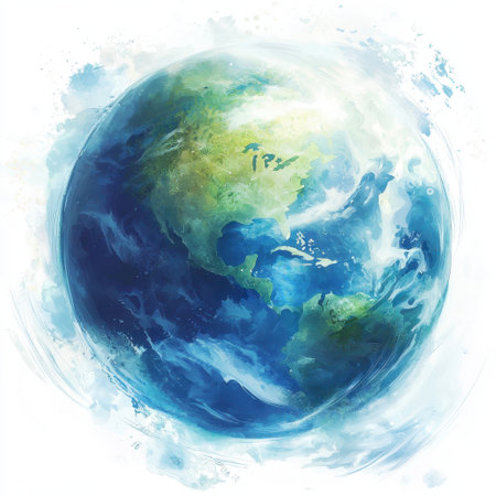 This artistic illustration showcases the Earth with vibrant blue and green tones, surrounded by an abstract swirl that encapsulates nature's beauty and diversity.の素材