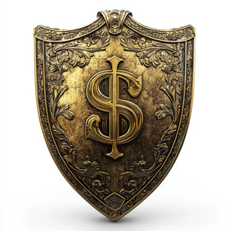 This golden shield features an intricate design and a prominent dollar symbol, signifying wealth, success, and financial security in a stylish and artistic manner.の素材