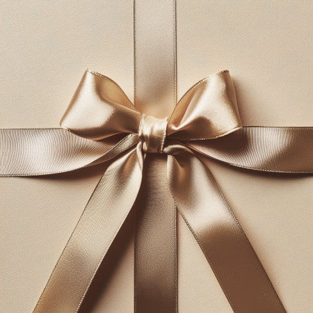 Capture the essence of elegance with this beautiful beige gift box adorned with a luxurious satin ribbon bow, perfect for celebrations.の素材