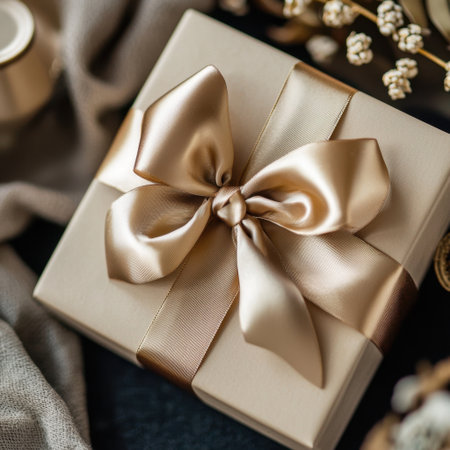 Discover the charm of an elegantly wrapped gift box adorned with a shiny satin ribbon, ideal for any special occasion or celebration.の素材