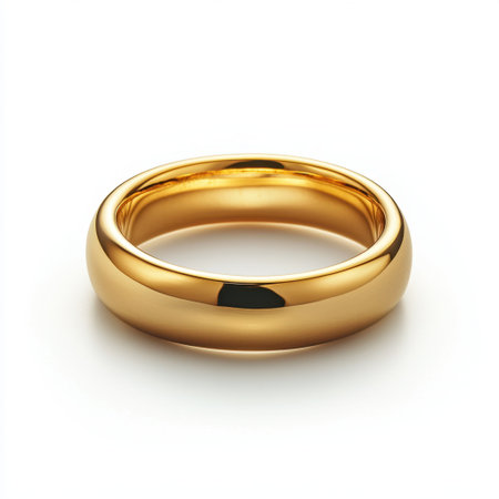 A shiny gold band ring rests elegantly on a soft white background, perfect for highlighting jewelry designs, wedding themes, and fashion accessories.の素材