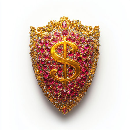 Discover this exquisite golden shield embellished with sparkling pink gemstones and a prominent dollar sign, symbolizing wealth.の素材