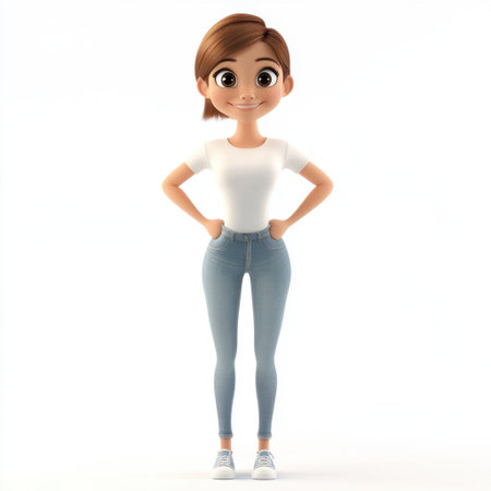 This vibrant cartoon character features a cheerful expression and stylish outfit, exuding confidence and positivity, perfect for various creative projects.の素材