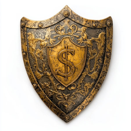 This striking decorative shield features an intricate design with a prominent dollar symbol, evoking themes of wealth and prosperity. The metallic finish combines gold and black, making it a perfect piece for sophisticated decor.の素材