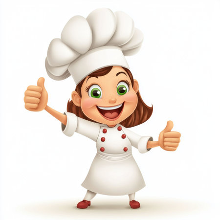 This vibrant cartoon chef character radiates joy with a big smile and thumbs up. Perfect for culinary themes, kids' menus, or educational materials.の素材