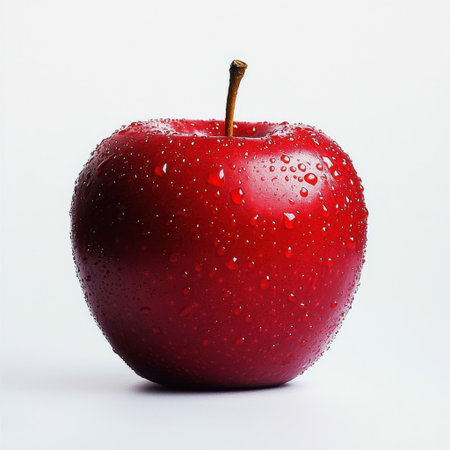 A stunning red apple glistens with water droplets against a white background, highlighting its freshness and allure for food lovers.の素材