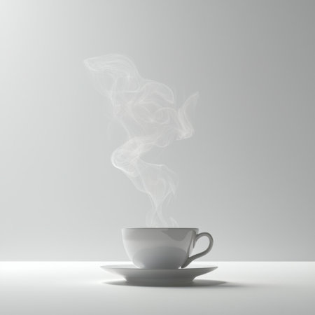 A serene image of a white cup releasing gentle steam, set against a minimalistic gray background, capturing the essence of warmth and relaxation.の素材