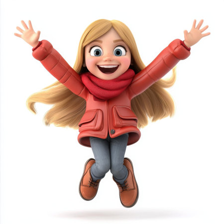 A lively cartoon girl with long blond hair and a beaming smile jumps happily against a bright background. She wears a red jacket and scarf, exuding joy and excitement, perfect for children's themes or playful designs.の素材
