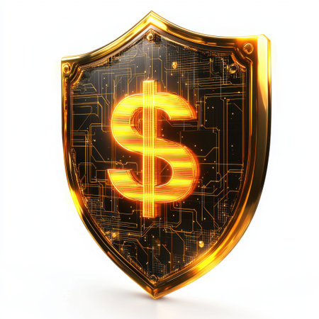 This striking image features a golden shield emblazoned with a dollar symbol, embodying themes of financial security and modern digital protection.の素材