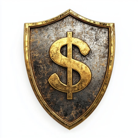 A striking golden shield features a prominent dollar sign, representing financial security and wealth protection in modern business.の素材