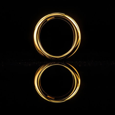 A stunning close-up of an elegant gold ring with a bright reflection on a dark background, showcasing its beautiful circular design and craftsmanship.の素材