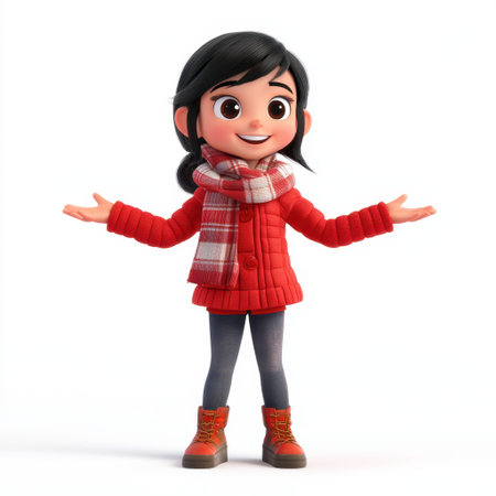 A charming animated girl in a bright red winter outfit, complete with a cozy scarf. She smiles and opens her arms, radiating warmth and friendliness.の素材