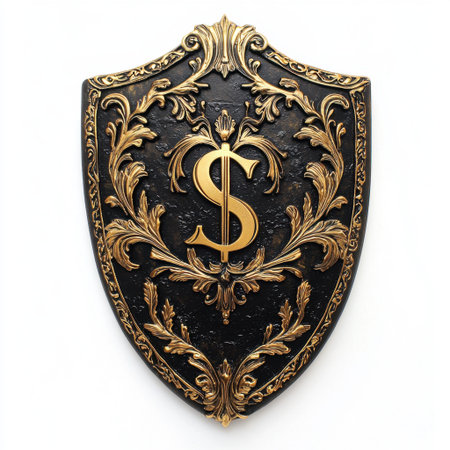 This ornate black and gold shield showcases a stylized dollar sign at its center, surrounded by intricate floral details. Perfect for luxury decor.の素材