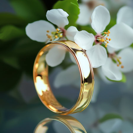 This image features an elegant golden wedding ring placed among delicate white blossoms, creating a romantic and beautiful atmosphere. Perfect for love-themed projects.の素材