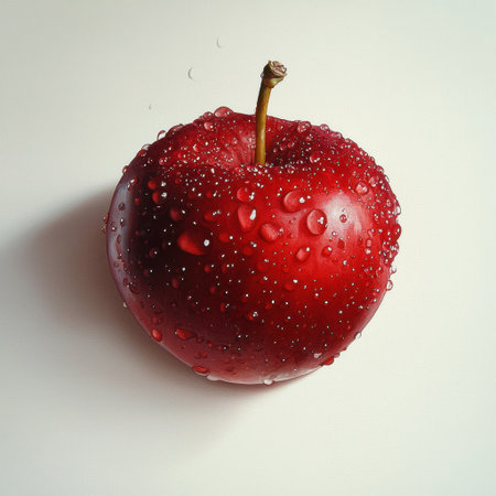 A striking close-up of a fresh red apple adorned with water droplets, set against a clean white background, highlighting its vibrant color and natural shine.の素材