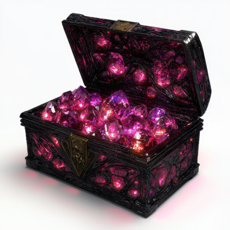 A beautifully crafted treasure chest overflowing with radiant pink gems and sparkling crystals, radiating an enchanting glow in a dim setting.の素材