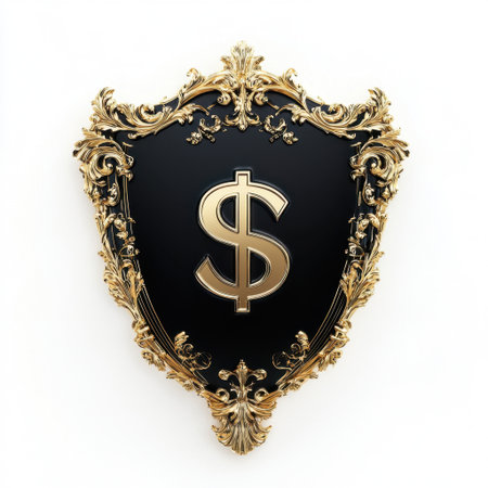This image features an elegant golden shield showcasing a prominent dollar sign, embodying themes of wealth and prosperity in a luxurious design.の素材